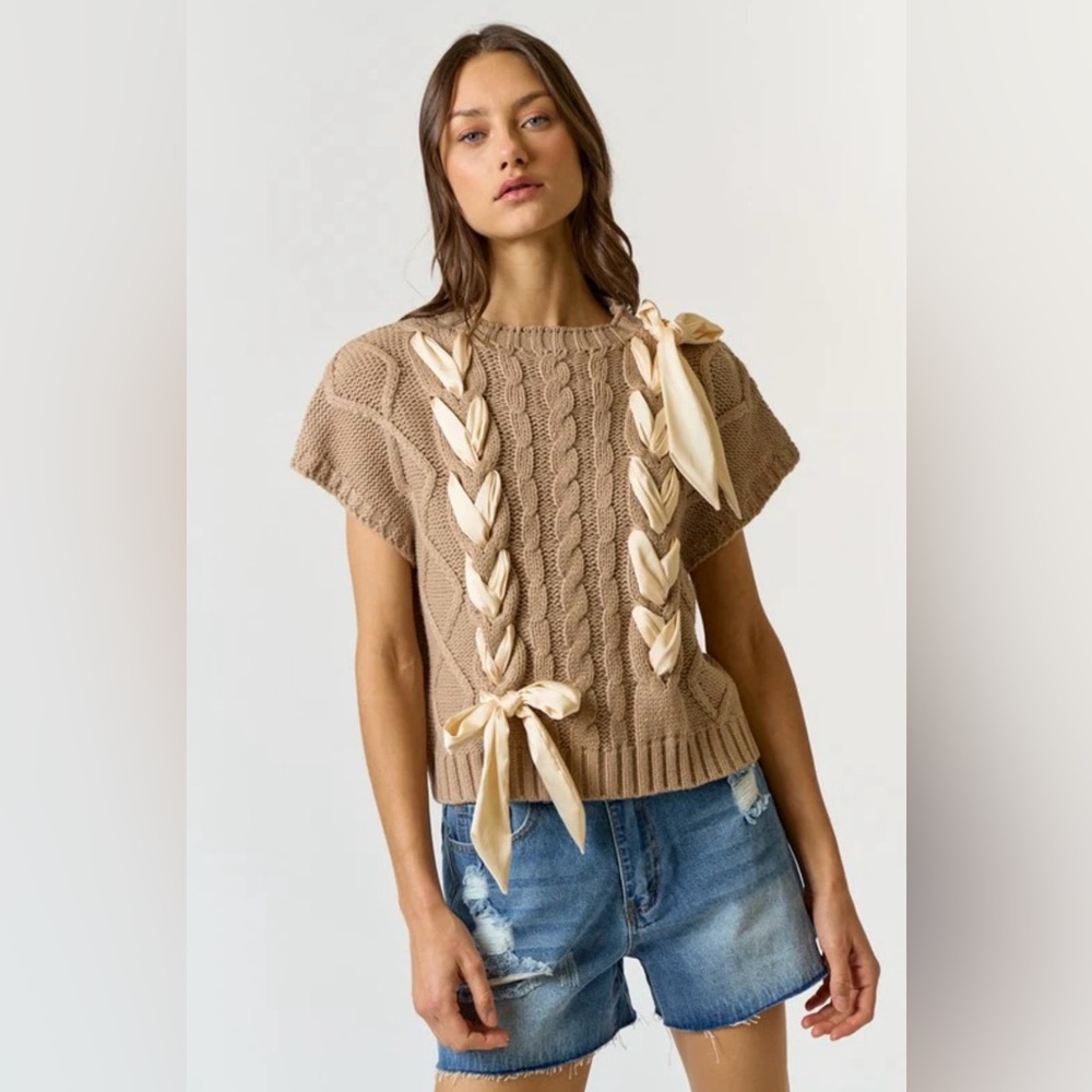 NWT Braided Knit Tan Sweater Vest with Satin Bow Size S